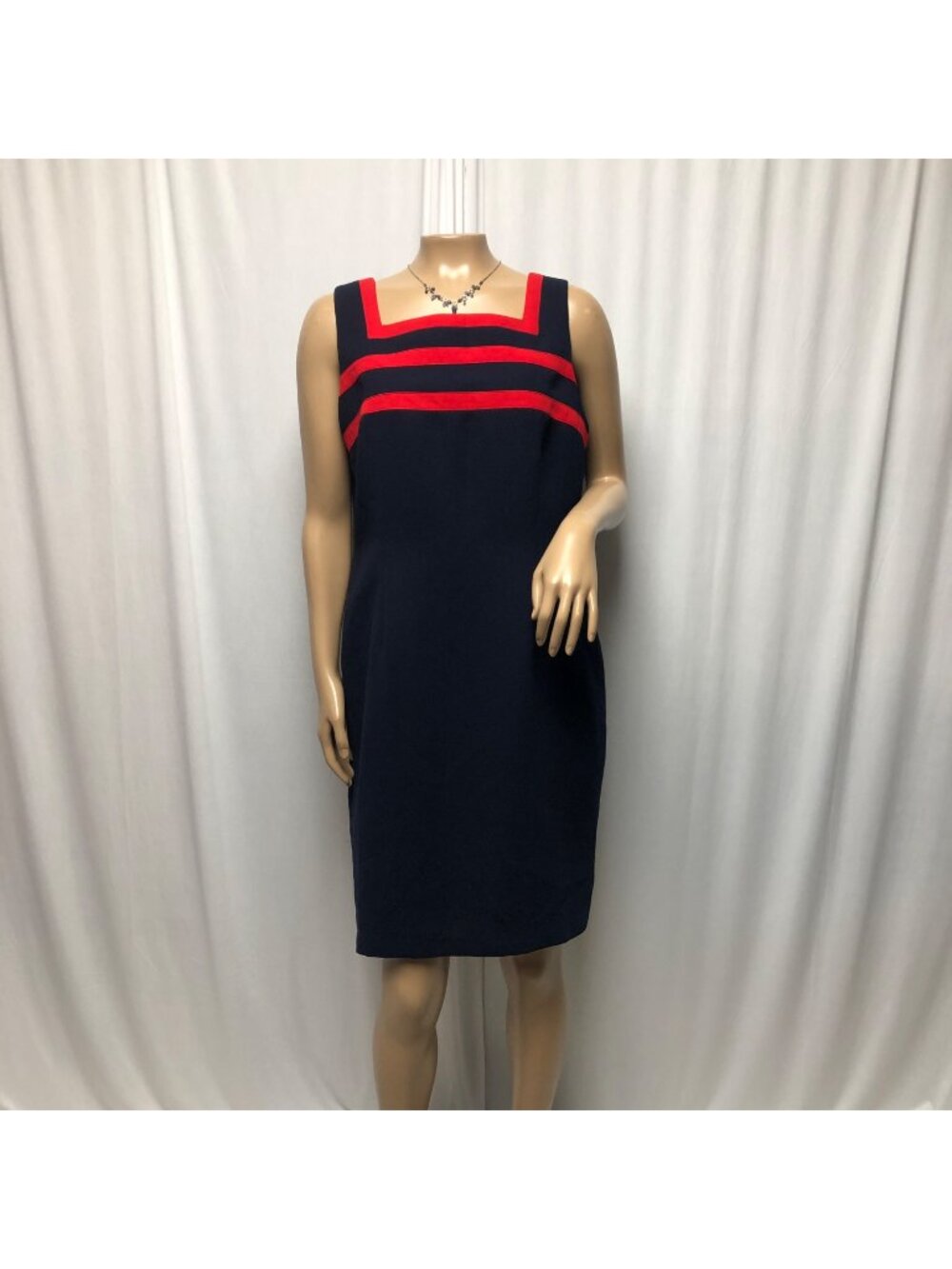 Studio I Dress Womens Size 12P Navy Red Sleeveless Square Neck Office Nautical